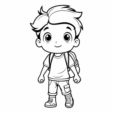 Cute little boy with backpack for coloring book.