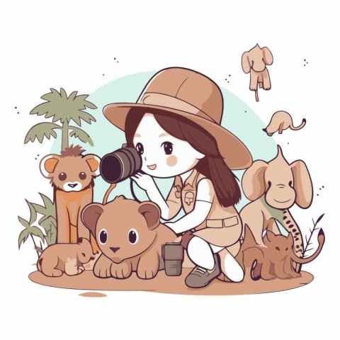 Illustration of a cute girl with her baby animals on the beach