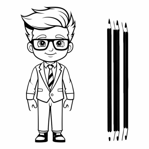 school boy with pencils. black and white vector illustration gra