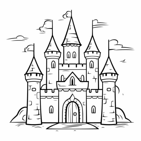 Cartoon castle. Hand drawn vector illustration. Black and white.