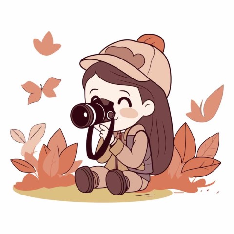 cute little girl with camera in the autumn park vector illustrat