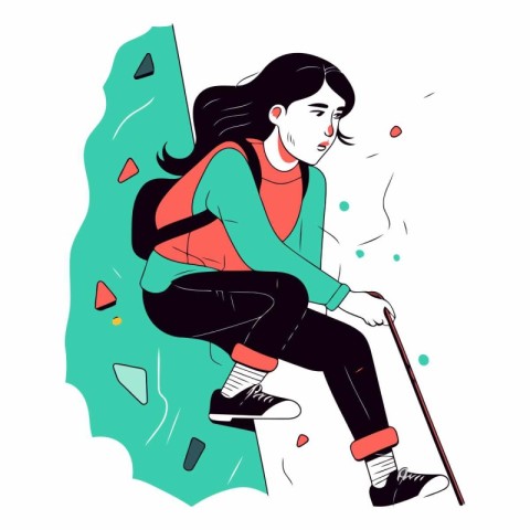 Vector illustration of a girl with a backpack sitting on a rock