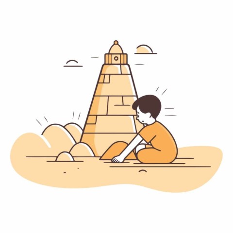 Boy sitting on the sand and looking at the lighthouse. Linear ve