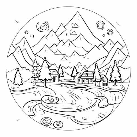 Outline of a mountain landscape with a river and a house