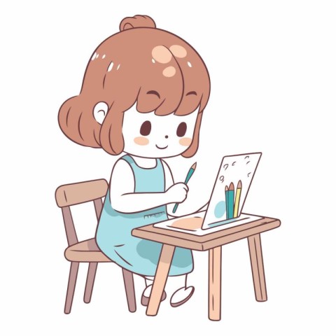 Illustration of a Cute Girl Drawing a Picture on a Table