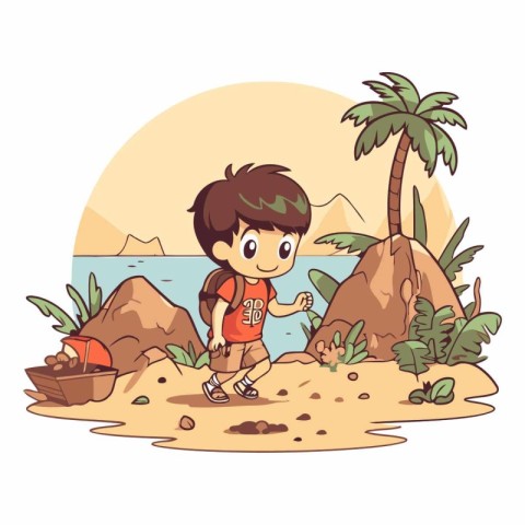 Boy playing on the beach in a cartoon style.