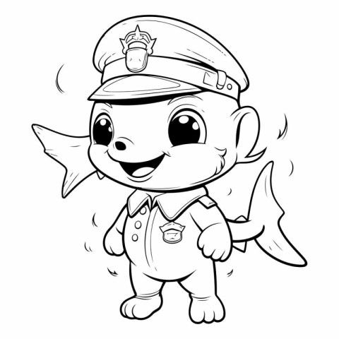 Black and White Cartoon Illustration of Cute Sailor Captain Char