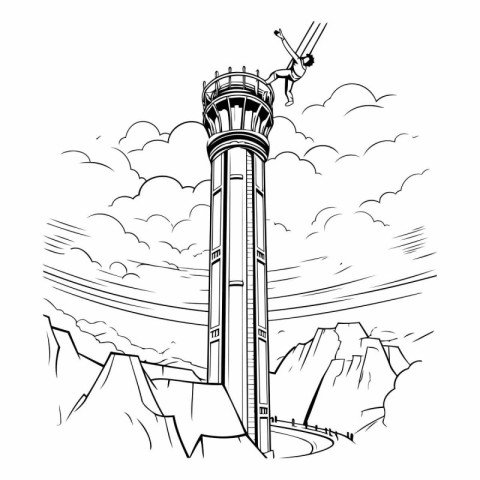 Lighthouse on the top of the mountain. Vector hand drawn illustr