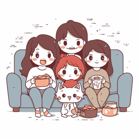 Family sitting on the sofa and drinking tea of a happy family.