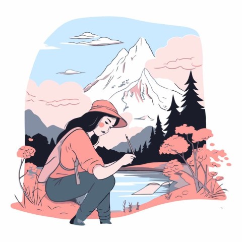 Vector illustration of a girl with a backpack on a hike in the m