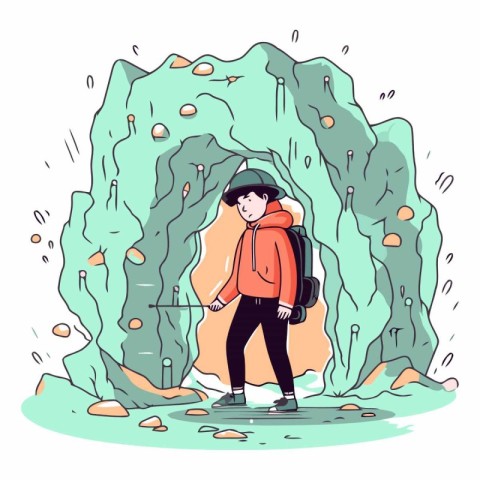 Vector illustration of a girl with a backpack walking in a cave.