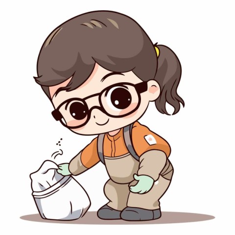 Illustration of a Cute Girl Wearing Glasses and Holding a Trash