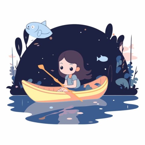 Cute little girl paddling a boat in the lake