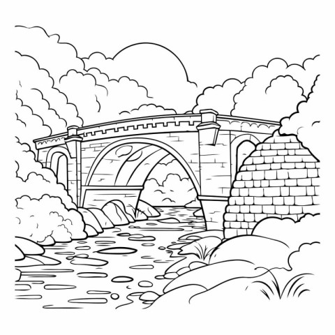 Stone bridge over the river. Black and white vector illustration