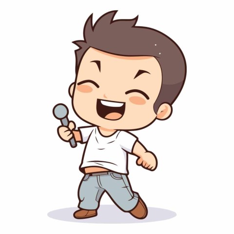 Cute boy singing karaoke - Vector Character Cartoon Illustration