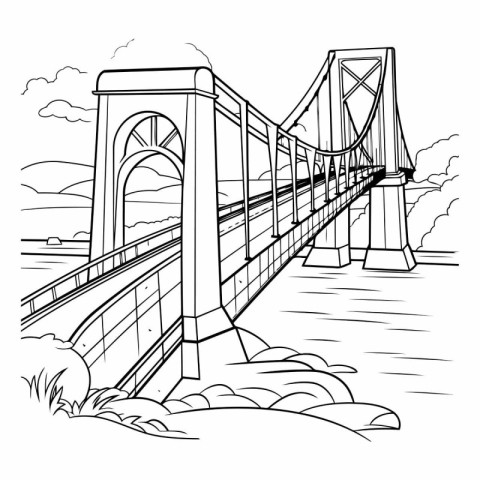 Suspension bridge over the river. Coloring book for adults and c