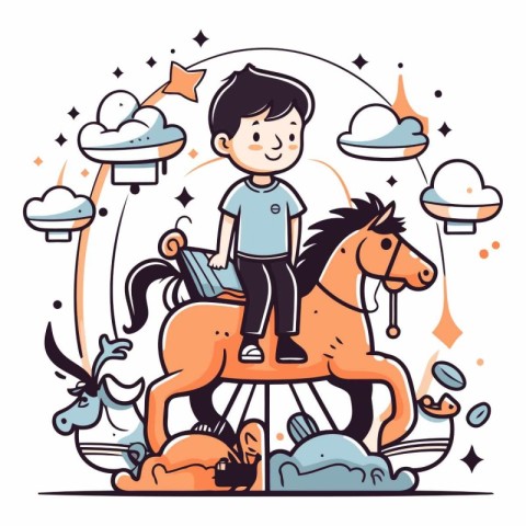 Cute little boy riding on a horse in doodle style.