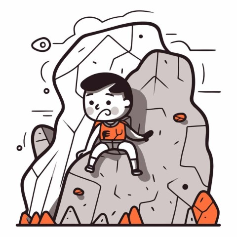 Climber climbing on a rock in cartoon style.