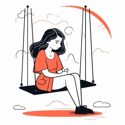 Girl sitting on a swing in line art style.