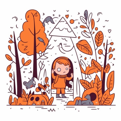 Little girl in autumn park in a flat style.