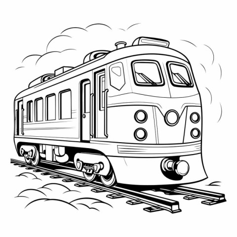 Vector illustration of a train on the rails. Monochrome image.