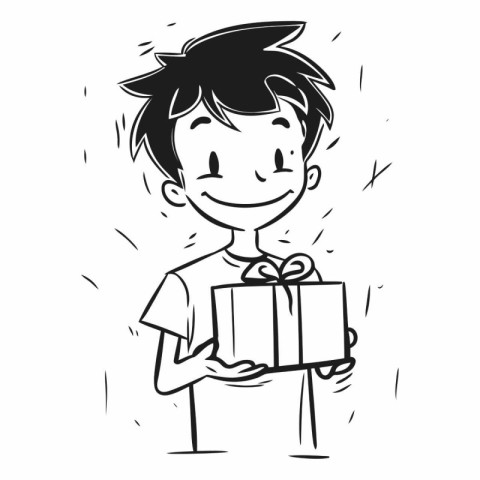 Vector illustration of happy boy holding a gift box. Isolated on