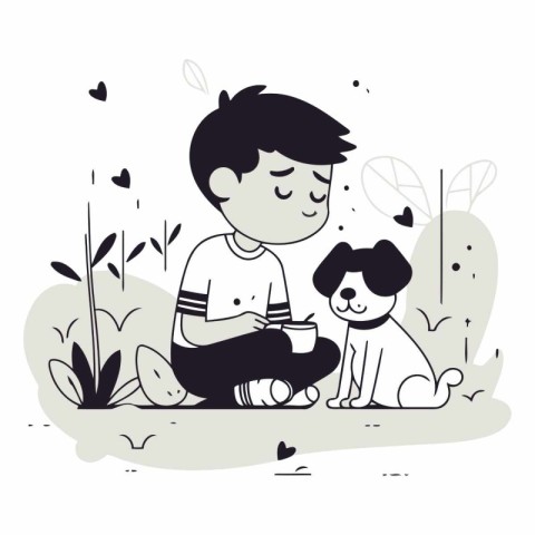 Cute boy sitting in the park with his dog