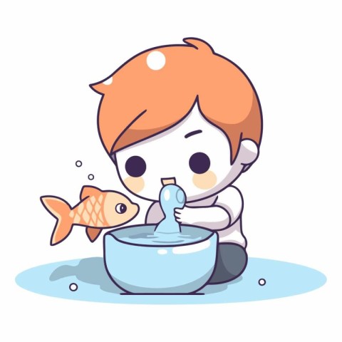 Boy drinking water with fish in bowl. Vector flat cartoon illust