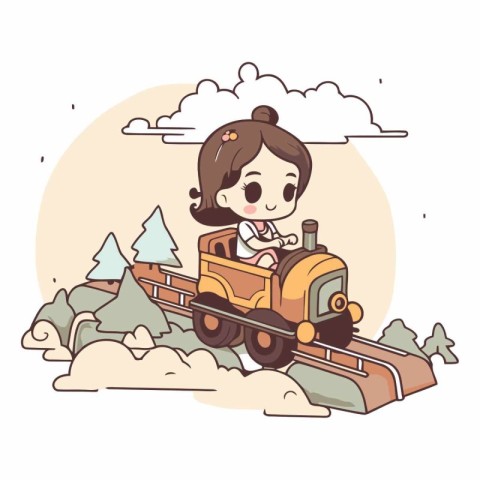 Illustration of a cute little girl driving a toy train in the mo