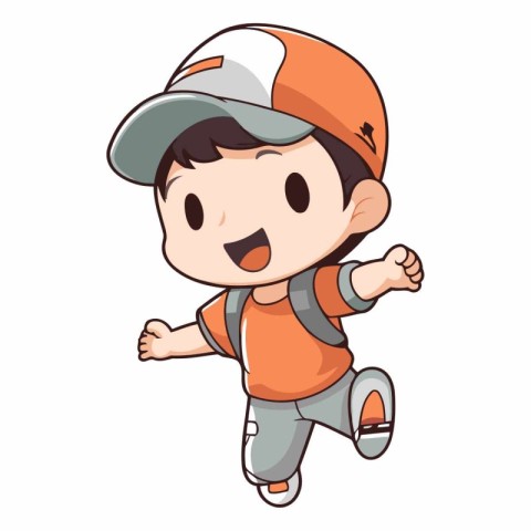 Boy running with orange cap isolated on white background.