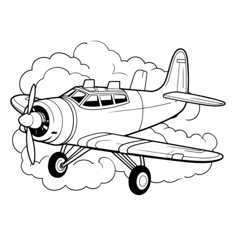 airplane flying in the clouds icon cartoon in black and white ve