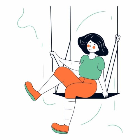 Young woman swinging on a swing in cartoon style.