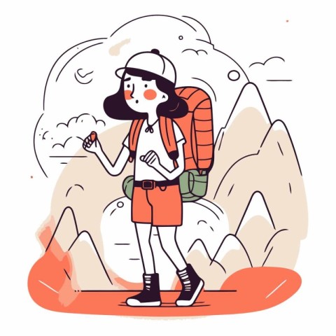 Vector illustration of a tourist girl with a backpack walking in