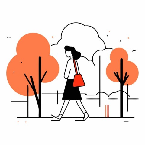 Woman walking in the park in flat linear style.