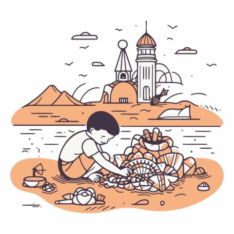 Vector illustration of a boy collecting shells on the seashore.