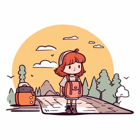 Vector illustration of a little girl with a backpack on the road