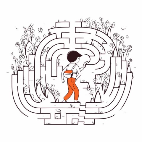 Vector illustration of a labyrinth with a boy and plants. Maze g