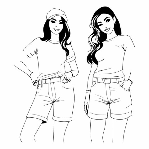 Vector illustration of two beautiful women in shorts and a baseb