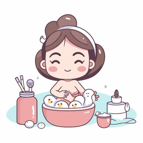 Cute little girl taking a bath with duck eggs.