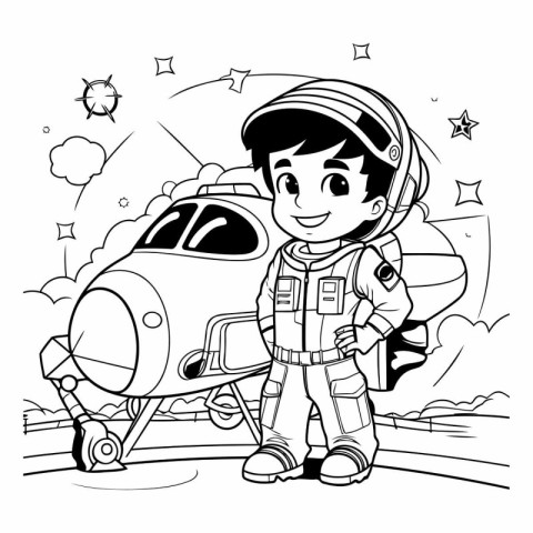 Cartoon astronaut boy with a toy plane for coloring book