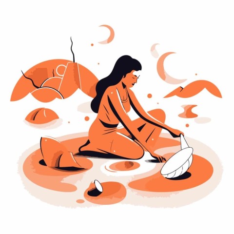 Vector illustration of a woman sitting on the ground and holding