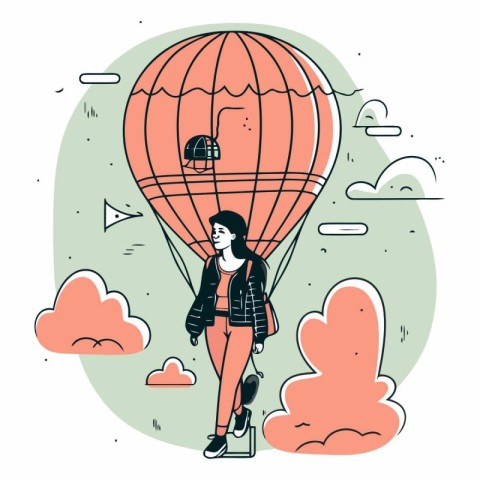 Vector illustration of a girl flying in a hot air balloon in the