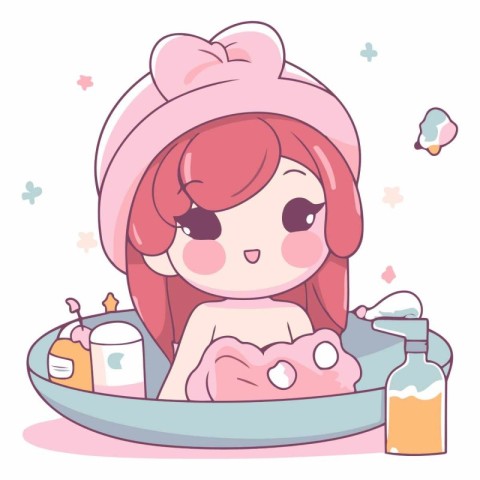 Illustration of a cute girl taking a bath with soap and shampoo