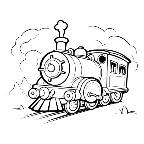 Black and white vector illustration of a steam locomotive in car