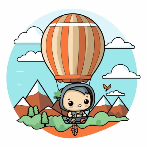 Cute little boy flying on hot air balloon.