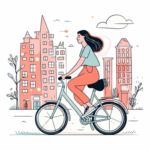 Young woman riding a bicycle in the city in sketch style.