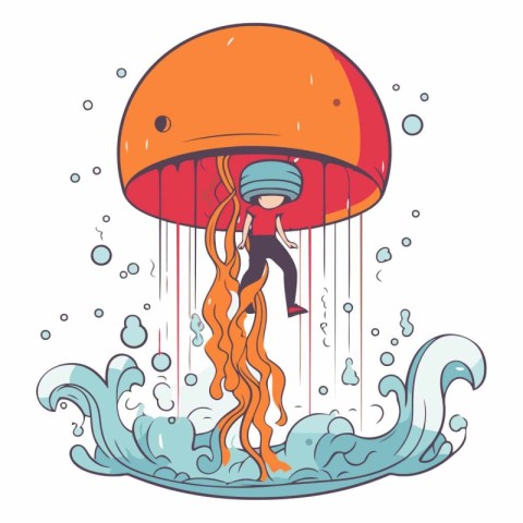 Cartoon illustration of a man swimming under an orange jellyfish