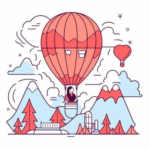 Hot air balloon in the sky in thin line style.