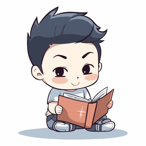 Cute little boy reading a book. Cute cartoon vector illustration