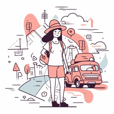 Vector illustration of a girl in a hat with a backpack on the ba